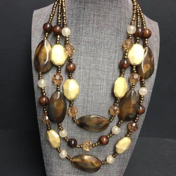 Chunky Triple Statement Necklace Copper Brown Beige Seed Beads Retro BoHo - Picture 1 of 7